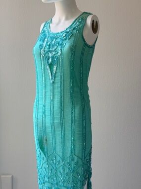 Vintage Sister Max Sleeveless Beaded Turquoise Sheath Dress